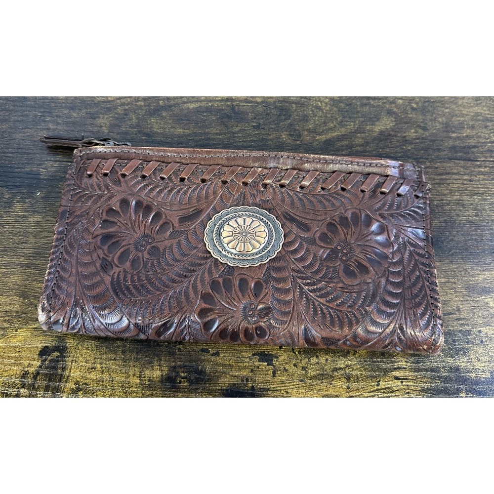 American West Tooled Genuine Leather Wallet Bi-Fold Brown Western Cowgirl - Picture 2 of 16